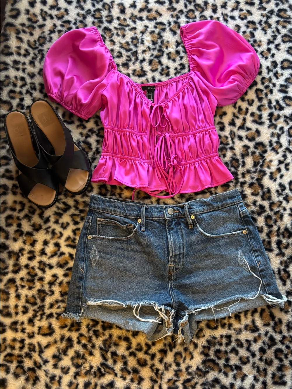 Good American Distressed Blue Denim Cutoff Shorts